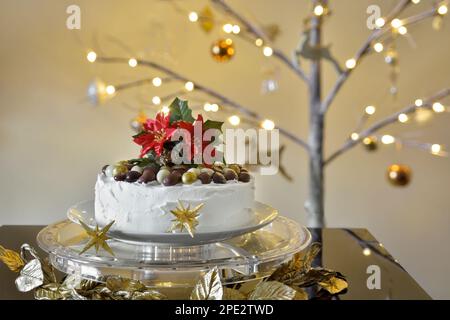 Torta di Natale ghiacciata con noci di cioccolato sulla parte superiore su un supporto per torta trasparente con un albero di Natale acceso ramoscello sullo sfondo Foto Stock