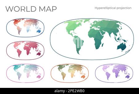 Mappa mondo Poly bassa impostata. La proiezione iperellittica di Waldo R. Tobler. Collezione di mappe del mondo in stile geometrico. Illustrazione vettoriale. Illustrazione Vettoriale