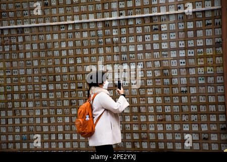 I viaggiatori thailandesi sono donne che viaggiano visitano e scattano fotografie di accessori souvenir orecchini sulla parete del negozio di articoli da regalo a Nampo dong o Gwangbok dong a Nam Foto Stock