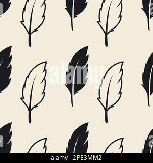 Modello vettoriale senza cuciture con diverse silhouette nere morbide in piuma su sfondo bianco. Modello di disegno di Flamingo, angelo, piume dell'uccello per Illustrazione Vettoriale