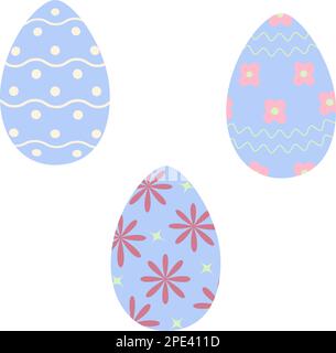 Set di tre uova di Pasqua in blu trendy con semplici motivi di linee ondulate, puntini, fiori e stelle. Buona Pasqua. Adesivo. Icona. Isolare. Design per poster, banner, brochure o messaggi di saluto, etichette. EPS Illustrazione Vettoriale