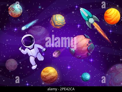 Astronauta cartoon nello spazio esterno. Galassia stellata, pianeti e razzo. Vettore divertente cosmonaut capretto galleggiante in assenza di peso con pianeti alieni, astronave Illustrazione Vettoriale
