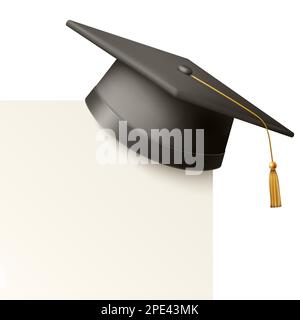 Vector 3D realistic Black Graduate College, High School, University Black Cap icona Closeup con bianco carta bianca isolato. Cappello per cerimonia di laurea Vector Illustrazione Vettoriale