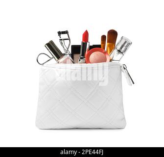 Elegante borsa cosmetica con prodotti per il trucco su sfondo bianco Foto Stock
