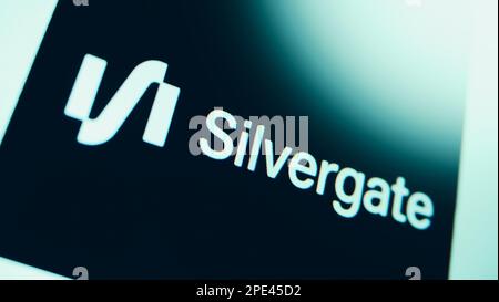 Bangkok Thailandia. Marzo 15 2023. Logo Silvergate Bank. Marchio di Silvergate Bank su monitor digitale. Fallimento di Silvergate Bank nel 2023 ha causato b Foto Stock