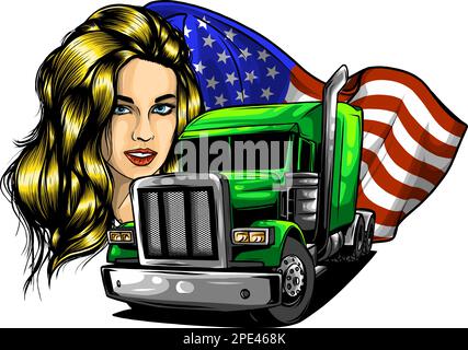 Camion americano classico. Illustrazione vettoriale con bandiera americana e donna Illustrazione Vettoriale