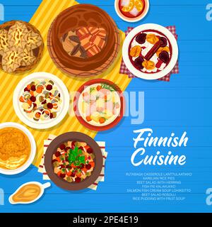 Cucina finlandese pagina del menu di copertina design. Budino di riso con zuppa di frutta, Rosolli e insalata di barbabietole con aringhe, torta di pesce Kalakukko e Lanttulaatikko, Illustrazione Vettoriale