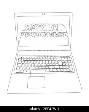 Una linea continua di laptop con parola programmatore speciale. Concetto di vettore di illustrazione a linea sottile. Disegno di contorno idee creative. Illustrazione Vettoriale