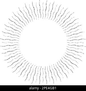 Cornice sunburst ricurva retrò. Raggi di luce solare deformati in cerchio. Elemento di design vintage a puntini per logo, etichette, badge, banner. Vettore Illustrazione Vettoriale