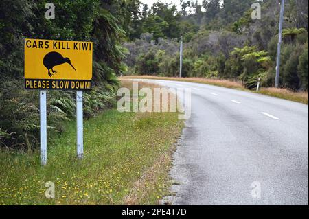 Segnali stradali progettati per sensibilizzare il conducente sul fatto che nella zona si potrebbe incontrare Kiwis. Le indicazioni sono vicino all'insediamento della West Coast di Okarito Foto Stock
