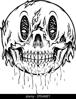 Evil sciolto zombie cranio smiley emoticon monocromatico vettore illustrazioni per il tuo logo di lavoro, merchandise t-shirt, adesivi e disegni di etichette, poster, Illustrazione Vettoriale