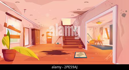 Abbandonati cartoni animati corridoio casa e caotico soggiorno con mobili rotti e ciottoli. Illustrazione vettoriale di vuoto spooky casa con pareti sporche, crepe nel pavimento e soffitto, porta a bordo e finestre Illustrazione Vettoriale