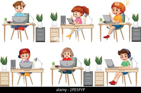 Cartoon ragazzi che utilizzano i notebook per l'illustrazione dell'apprendimento online Illustrazione Vettoriale