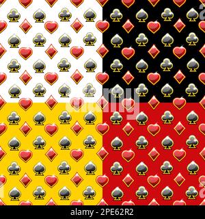 Pattern senza interruzioni con simboli delle carte in riproduzione su sfondo diverso. Cuore, spade, club e diamante Illustrazione Vettoriale