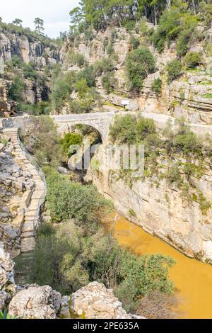 Antico ponte ad arco sulla gola del fiume Koprucay nel Parco Nazionale di Koprulu in Turchia. Vista panoramica sul canyon e sul fiume di montagna Foto Stock