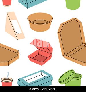 Scatole di cartone da asporto motivo senza cuciture. Striscione in scatole di cartone per alimenti. Sfondo dei contenitori di prelievo della carta colorata. Schema di confezionamento di alimenti e bevande Illustrazione Vettoriale