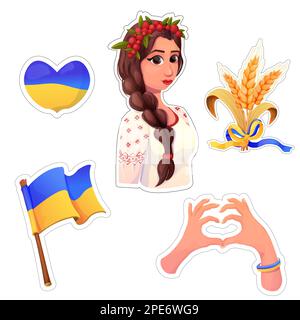 Set simboli ucraini bandiera, mani in forma di cuore, donna con ricamo, Spikelet bandiera Ucraina colori in stile cartone isolato su sfondo bianco. Illustrazione vettoriale Illustrazione Vettoriale