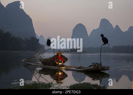 Pescatore tradizionale con cormorani addestrati, lampada di illuminazione su zattera di bambù all'alba, sul fiume nell'area carsica, il fiume li, Guilin, Guangxi Zhuang Foto Stock