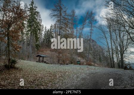 Paesaggio vicino alla roccia di Semnicka in inverno freddo mattina fresca Foto Stock