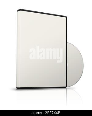 Modello bianco scatola DVD per layout e design della presentazione. Rendering 3D. Immagine generata digitalmente. Isolato su sfondo bianco. Foto Stock