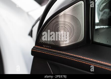 Mosca, Russia - 25 dicembre 2021 griglia per altoparlanti Sony. Auto moderna vista ravvicinata degli interni. Dettagli degli interni moderni dell'auto. Foto Stock