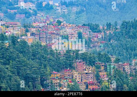 Alloggi a più livelli sul fianco della montagna a Shimla, Himachal Pradesh, India Foto Stock