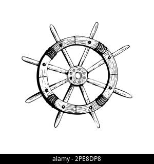 Volante in legno dalla nave. Oggetto isolato disegnato a mano in tecnica grafica. Illustrazione vettoriale per la decorazione estiva, nautica e balneare Illustrazione Vettoriale