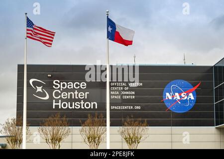 Houston, Texas, USA - Febbraio 2023: Vista frontale esterna del Centro spaziale Johnson della NASA a Houston Foto Stock