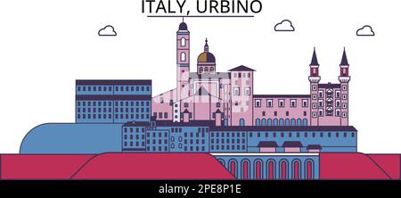 Italia, punti di riferimento del turismo di Urbino, illustrazione vettoriale del viaggio cittadino Illustrazione Vettoriale