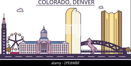 Stati Uniti, Denver turismo punti di riferimento, vettore città viaggio illustrazione Illustrazione Vettoriale