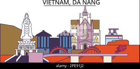 Vietnam, da Nang luoghi di interesse turistico, vettore città viaggio illustrazione Illustrazione Vettoriale
