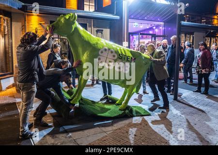 BATHMEN - i membri del movimento del Burger del boer (BBB) hanno messo una mucca modello davanti alla sera dei risultati del BBB per le elezioni del consiglio provinciale. ANP VINCENT JANNINK olanda fuori - belgio fuori Foto Stock