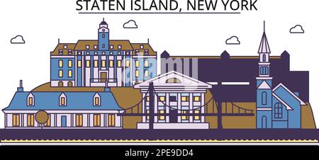 Stati Uniti, New York Staten Island luoghi di interesse turistico, vettore città viaggio illustrazione Illustrazione Vettoriale