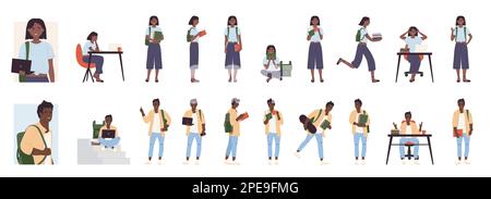 Cartone animato studente pelle scura maschio femmina che tiene la tazza di caffè, posando con il libro per studiare, camminare, correre con skateboard isolato. Gli studenti giovani e uomini pongono un set di illustrazioni vettoriali infografiche Illustrazione Vettoriale