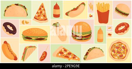 Cartoon unhealthy fastfood snack menu collezione con shawarma hamburger patatine fritte sandwich pizza tortilla donut cheeseburger ampio sfondo geometrico collage. Illustrazione del vettore fast food set. Illustrazione Vettoriale