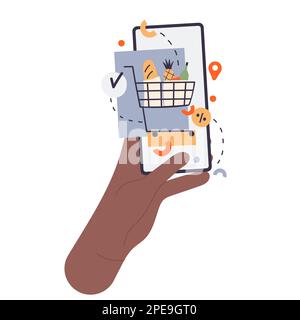Telefono in mano shopping online. Ordinare la drogheria tramite cellulare, illustrazione vettore negozio online Illustrazione Vettoriale
