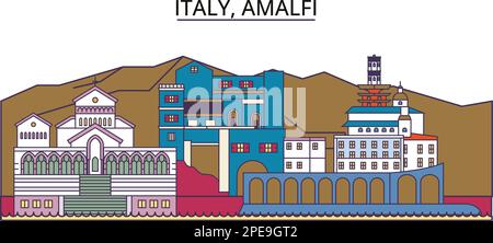 Italia, punti di riferimento del turismo ad Amalfi, illustrazione vettoriale del viaggio in città Illustrazione Vettoriale