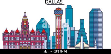 Stati Uniti, città di Dallas luoghi di interesse turistico, vettore città viaggio illustrazione Illustrazione Vettoriale