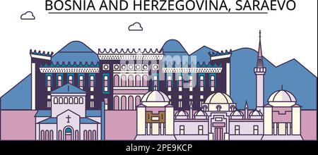 Bosnia ed Erzegovina, punti di riferimento del turismo di Saraevo, illustrazione vettoriale di viaggio della città Illustrazione Vettoriale