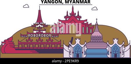 Myanmar, Yangon punti di riferimento turistico, vettore città viaggio illustrazione Illustrazione Vettoriale