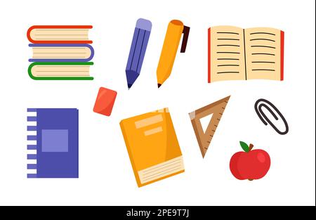 Gli elementi della scuola impostano l'illustrazione del cartone animato. Set concetto di ritorno a scuola con libri, quaderni e penne. Illustrazione Vettoriale