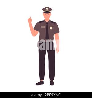 Poliziotto con dito di puntamento. Ufficiale di polizia in piedi in figura vettoriale uniforme Illustrazione Vettoriale