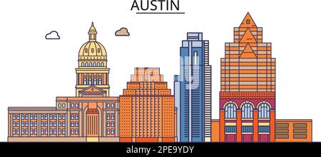Stati Uniti, Austin City luoghi di interesse turistico, vettore città viaggio illustrazione Illustrazione Vettoriale