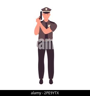 Poliziotto arrabbiato tiene la pistola. Poliziotto di sicurezza, poliziotto in figura vettoriale uniforme Illustrazione Vettoriale