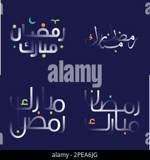 Moderno White Glossy Ramadan Kareem Calligraphy Pack con elementi colorati geometrici e floreali di design Illustrazione Vettoriale