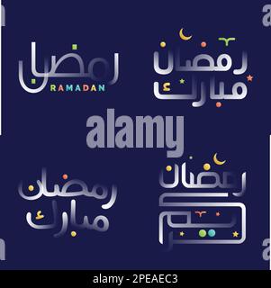 Pack di Calligraphy Ramadan Kareem bianco lucido con motivi geometrici islamici colorati e disegni floreali Illustrazione Vettoriale