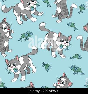 Modello senza cuciture con carini cartoni animati, gatti e pesci. Illustrazione vettoriale su sfondo blu. Per partito, stampa, acquazzone del bambino, carta da parati, disegno, de Illustrazione Vettoriale