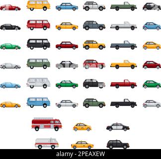 Pixel art collezione di auto. Veicoli di diverso tipo e colore. Ambulanza, auto di polizia, taxi e camion dei vigili del fuoco. Illustrazione vettoriale Illustrazione Vettoriale