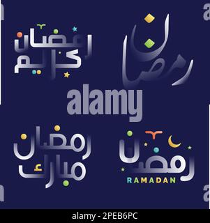 Calligraphy di Ramadan Kareem in bianco lucido con illustrazioni floreali colorate e geometriche per i disegni di festa Illustrazione Vettoriale