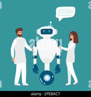 Cartoon Nano Tech Research Center per la creazione di intelligenza artificiale. Scienziati, Assistenti, sviluppatori verifica le abilità dei robot, funzioni cerebrali artificiali. Cibernetico Illustrazione Vettoriale